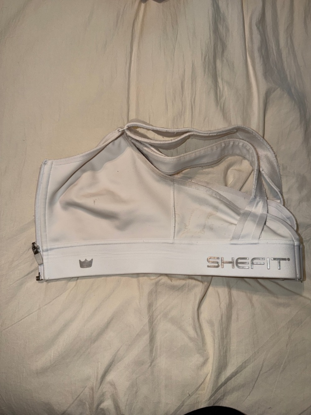 SHEFIT 1LUXE White Double-Strap Athletic Bra with Logo Band